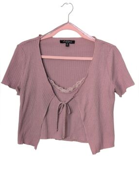 Tie-Front Ribbed Crop Top in Dusty Mauve, Size Medium